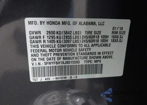 2018 Honda Pilot Lx из США, поврежденный, VIN 5FNYF6H1XJB015593